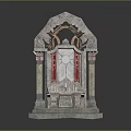 Ornate Stone Altar Structure With Arched Design Red Drapery And Pedestal
