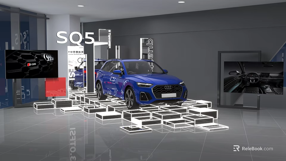 Art Installation Featuring Blue Audi SQ5 On White Geometric Platforms In Modern Exhibition Hall 3d model 