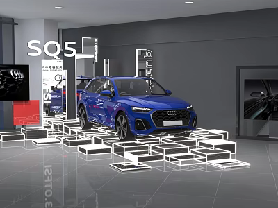 Art Installation Featuring Blue Audi SQ5 On White Geometric Platforms In Modern Exhibition Hall 3d model