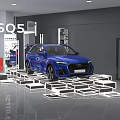Art Installation Featuring Blue Audi SQ5 On White Geometric Platforms In Modern Exhibition Hall