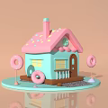 Cute Pastel House With Pink Roof Blue Walls Brown Door Small Balcony And Donut Decorations