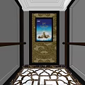 Modern Elevator Interior Design With Decorative Panel Patterned Floor And Lighting 3d model