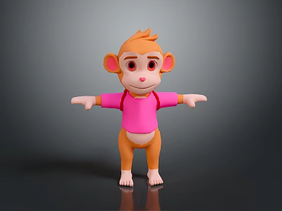 Cute Cartoon Monkey Wearing Pink Shirt With Red Backpack Arms Outstretched On Gray Background 3d model