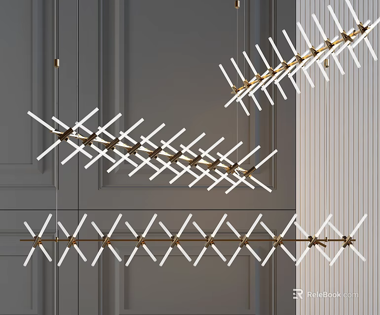 Modern Geometric Linear Chandelier With Gold Metal Frame And White LED Lights 3d model 