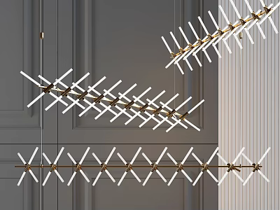 Modern Geometric Linear Chandelier With Gold Metal Frame And White LED Lights 3d model