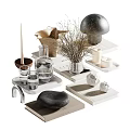Stylish Decorative Ornament Combination Including Glass Vase Dried Plants Candles Stone Accents and Wooden Trays