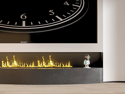 Modern Interior Fireplace With Flames Small Figurine And Wall Clock Decoration 3d model