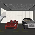 Luxurious Modern Garage Interior Design With Red Sports Car Silver Sedan And Unique Ceiling