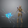 Woman In Leather Outfit With Fur Hat And Blue Lightning Effect Holding Bow