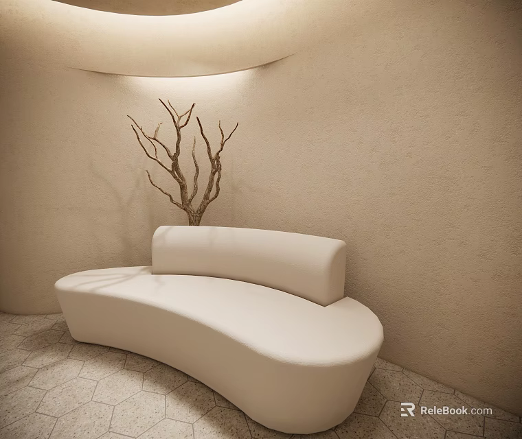 White Curved Sectional Sofa in Beige Room with Decorative Branches and Hexagonal Tiles 3d model 