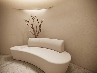 White Curved Sectional Sofa in Beige Room with Decorative Branches and Hexagonal Tiles 3d model