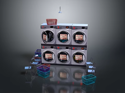 Organized Laundry Room Setup With Stacked Washing Machines Colorful Baskets And Chairs 3d model