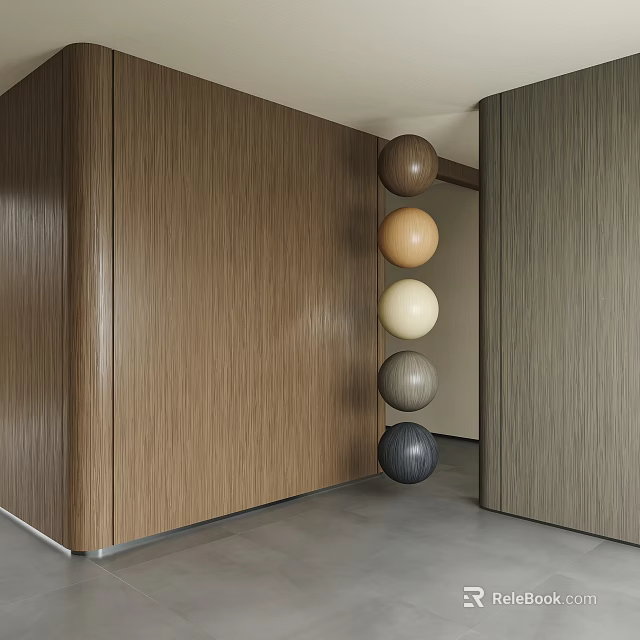 Wooden Wall With Multi Colored Decorative Spheres In Modern Interior 3d model 