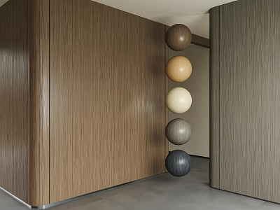 Wooden Wall With Multi Colored Decorative Spheres In Modern Interior 3d model