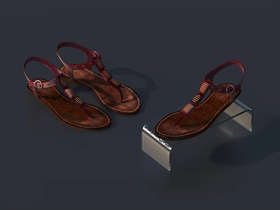 Brown Leather Sandals With Red Straps And Metallic Buckles On Metal Stand 3d model