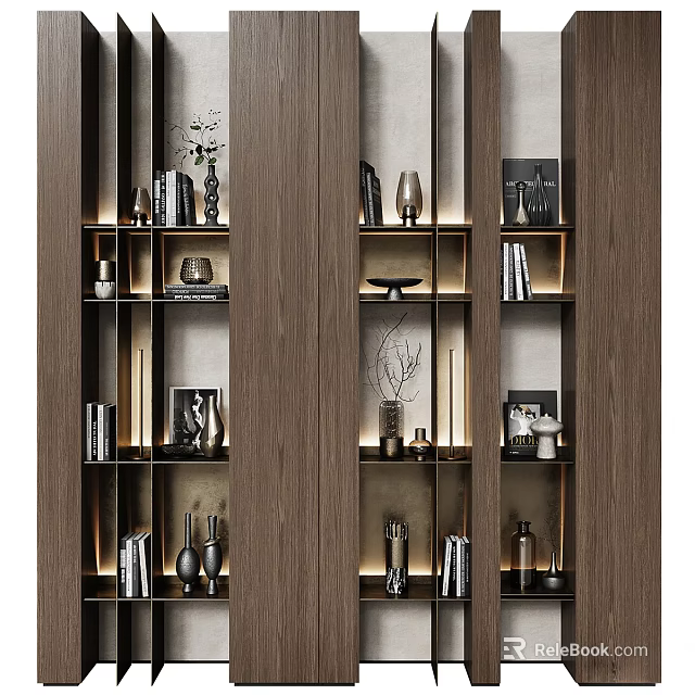 Modern Decorative Cabinet With Wooden Shelves Lighting And Displayed Vases Books 3d model 