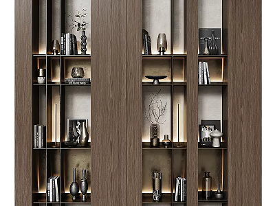Modern Decorative Cabinet With Wooden Shelves Lighting And Displayed Vases Books 3d model