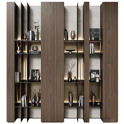 Modern Decorative Cabinet With Wooden Shelves Lighting And Displayed Vases Books 3d model