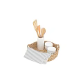 Wooden Kitchen Utensils in White Holder with Wicker Basket Towel and Glass Jars