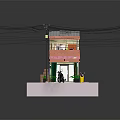 Two Story Residential Building With Red Awning Front Entrance People Figures And Overhead Wires