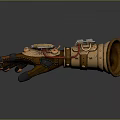 Steampunk Character Wearing Mechanical Glove With Brass Gears Clock And Leather Straps