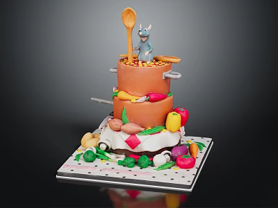 Decorative Two Tiered Pot Shaped Food Display With Vegetables Spoon And Mouse Figure 3d model
