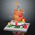 Decorative Two Tiered Pot Shaped Food Display With Vegetables Spoon And Mouse Figure