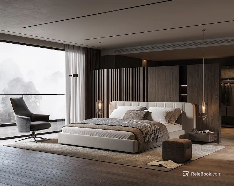 Modern Bedroom With White Bed Large Window Gray Chair Wooden Floor And Rug 3d model 