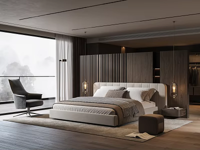 Modern Bedroom With White Bed Large Window Gray Chair Wooden Floor And Rug 3d model