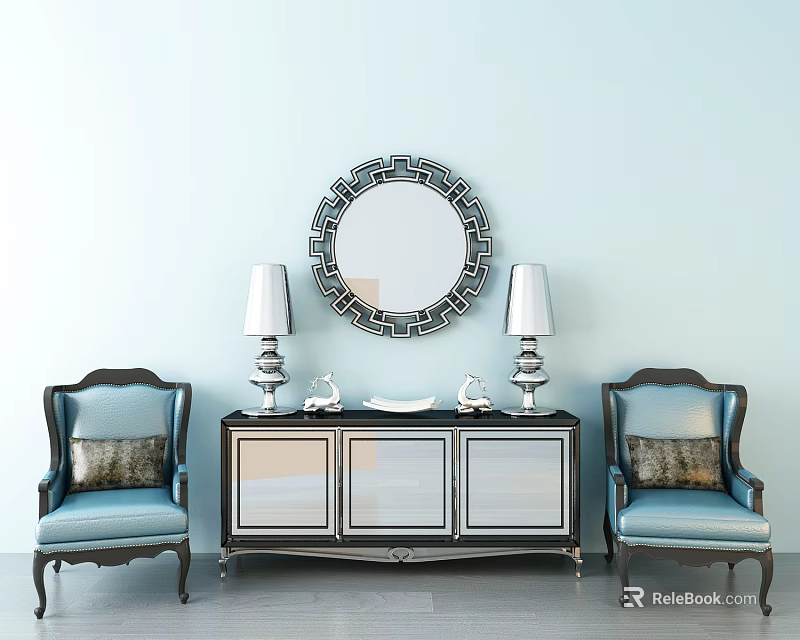 Elegant Console Table With Round Mirror Table Lamps And Blue Chairs 3d model