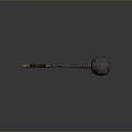 Ancient Weapon With Spherical Metal Hammer Head And Long Decorative Handle With Intricate Patterns