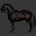 Dark Fantasy Character's Armored Black Horse With Red Stained Details And Saddle