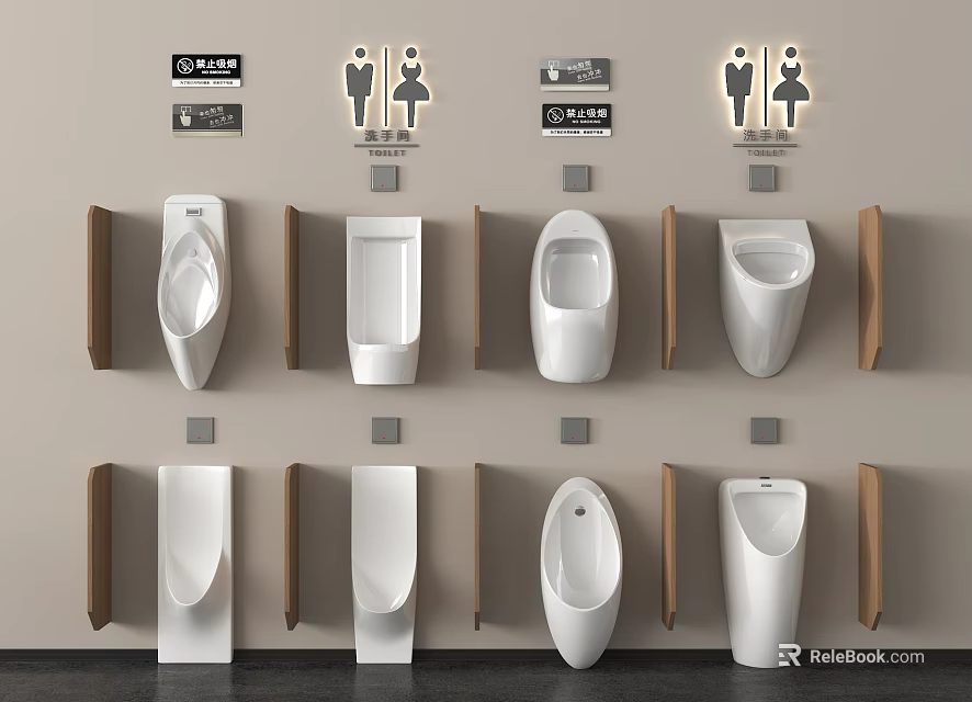 White Wall Mounted Urinals In Public Restroom With Multiple Units And Gender Signs 3d model 