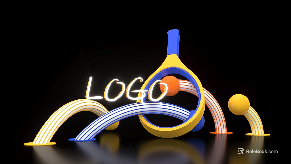 Vibrant LOGO Design Display With Colorful Arcs Spheres And Racket Shaped Structure 3d model 