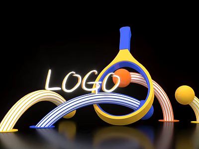 Vibrant LOGO Design Display With Colorful Arcs Spheres And Racket Shaped Structure 3d model
