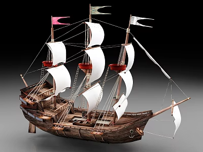 Classic Wooden Sailing Ship With White Sails And Colorful Flags 3d model