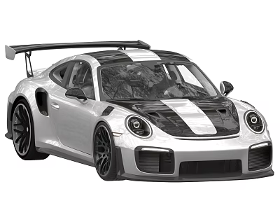 Silver Sports Car With Black Stripes Rear Spoiler And Aerodynamic Design 3d model