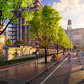 Modern Building Facade With Green Trees Pedestrian Walkway And Urban Street View