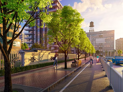 Modern Building Facade With Green Trees Pedestrian Walkway And Urban Street View 3d model