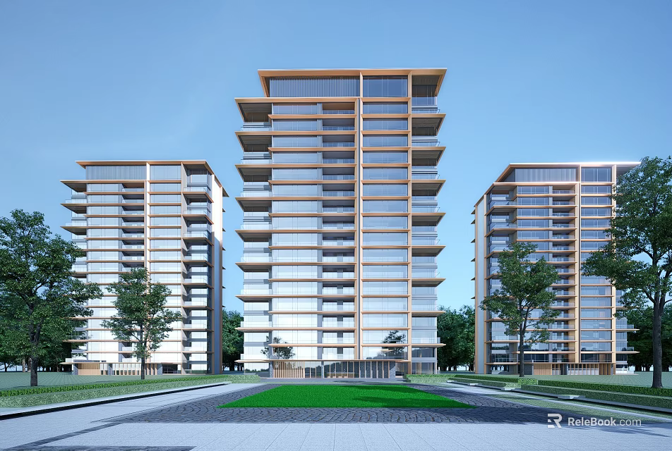 Modern Residential High Rise Buildings Featuring Glass Curtain Walls Green Trees and Spacious Road 3d model 