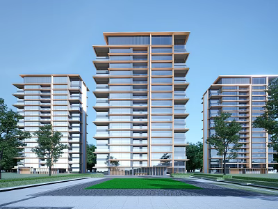 Modern Residential High Rise Buildings Featuring Glass Curtain Walls Green Trees and Spacious Road 3d model