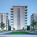 Modern Residential High Rise Buildings Featuring Glass Curtain Walls Green Trees and Spacious Road