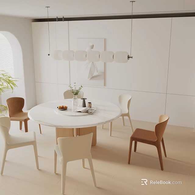Modern Minimalist Round Dining Table Set With White Brown Chairs And Pendant Light 3d model