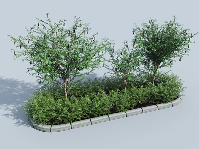 Green Shrubs And Small Trees In Garden Landscape With Stone Edging Design 3d model