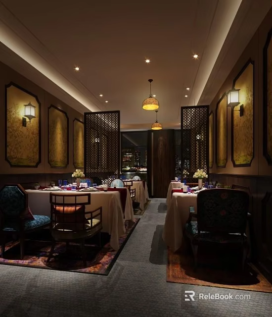 Elegant Chinese Restaurant Interior With Tables White Tablecloths Floral Decor Wooden Screens And Pendant Lights 3d model 