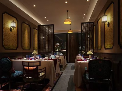 Elegant Chinese Restaurant Interior With Tables White Tablecloths Floral Decor Wooden Screens And Pendant Lights 3d model