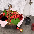 Fresh Fruit Basket Filled With Strawberries Raspberries Blueberries On Gray Countertop With Glass Jars