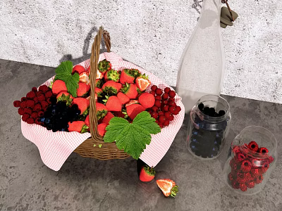 Fresh Fruit Basket Filled With Strawberries Raspberries Blueberries On Gray Countertop With Glass Jars 3d model