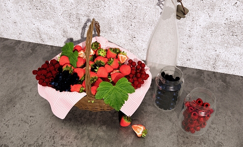 Fruit combination strawberry blueberry fruit basket bamboo basket jam glass bottle 3d model