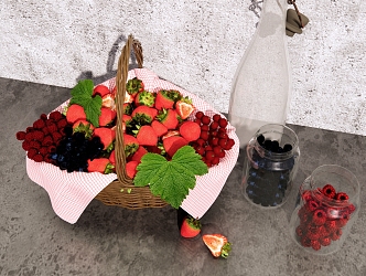 Fruit combination strawberry blueberry fruit basket bamboo basket jam glass bottle 3d model